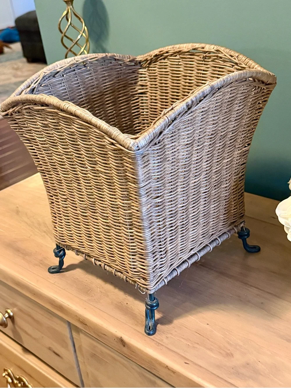 Vintage Wicker Footed Planter | Rattan Cachepot with Metal Claw Feet